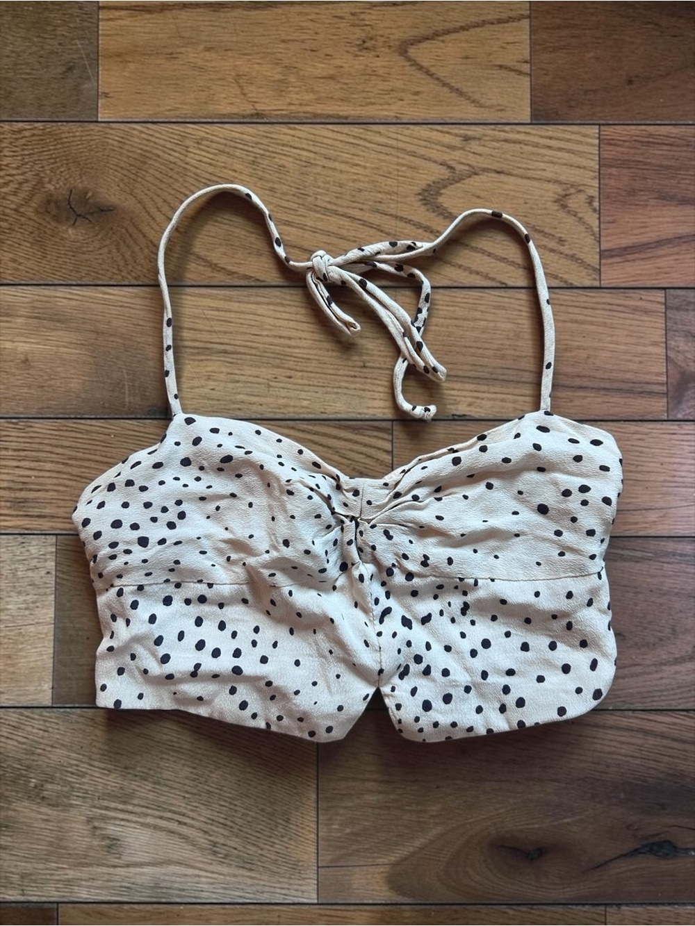 Olivaceous Cream Black Polka Dot Halter Crop Top Size S